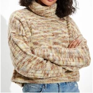 American Eagle Knit Cropped Turtleneck Sweater size Medium Green Brown Marled